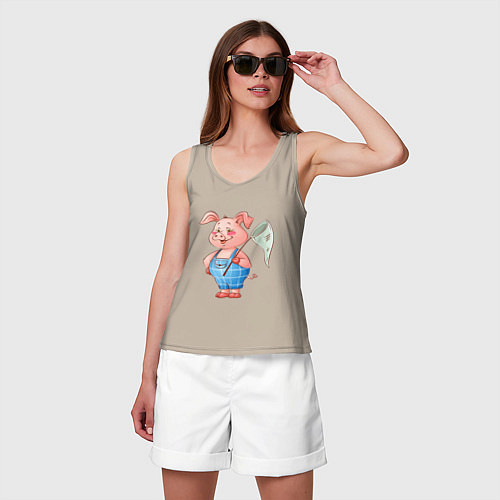 Женская майка Мультяшный поросенок с сачком / Миндальный – фото 3