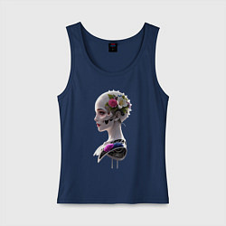 Майка женская хлопок Фантастическая девушка робот цветы и механизм, цвет: тёмно-синий