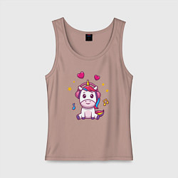 Майка женская хлопок Единорог в наушниках, цвет: пыльно-розовый