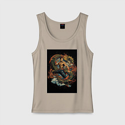 Майка женская хлопок Муай Тай боец и зеленый дракон, цвет: миндальный