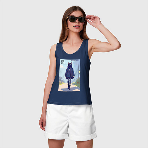 Женская майка Чёрная кошечка на своём районе - нейросеть / Тёмно-синий – фото 3