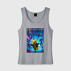 Майка женская хлопок Cyberpunk 3088 - Pikachu pursuit - neon glow, цвет: меланж