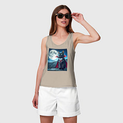 Майка женская хлопок Чёрный кот вампир - хэллоуин, цвет: миндальный — фото 2