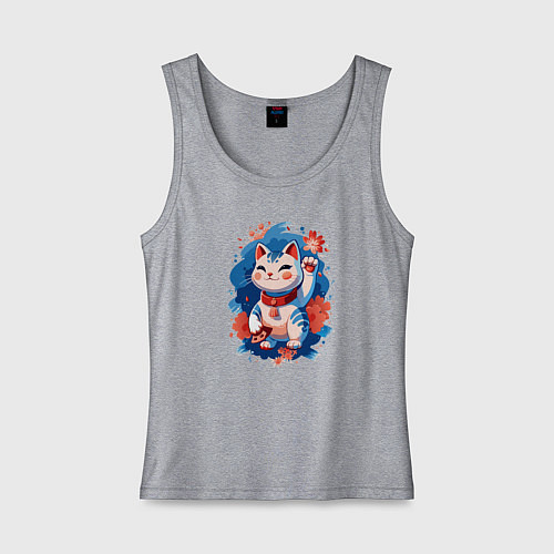 Женская майка Манеки Неко, белая кошка удачи с цветами / Меланж – фото 1