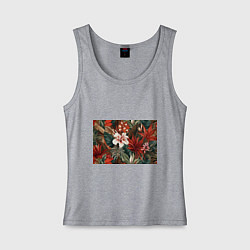 Майка женская хлопок Алые тропические цветы, цвет: меланж