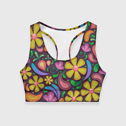Топик спортивный женский Летние цветы узор на темном, цвет: 3D-принт