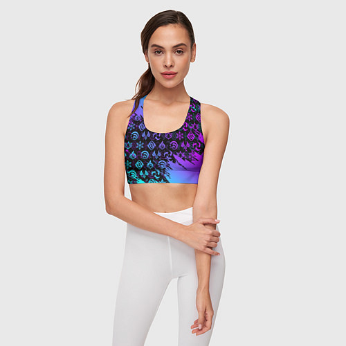Женский спортивный топ GENSHIN NEON PATTERN SYMBOL НЕОН ЭМБЛЕМЫ / 3D-принт – фото 3