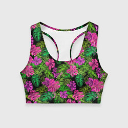 Топик спортивный женский Тропические листья и цветы на черном фоне, цвет: 3D-принт