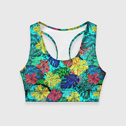 Топик спортивный женский Тропические растения на бирюзовом фоне, цвет: 3D-принт