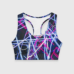 Топик спортивный женский Неоновые хаотичные линии и буквы - Синий, цвет: 3D-принт