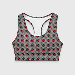 Топик спортивный женский Красный, черный квадраты на гранжевом сером, цвет: 3D-принт