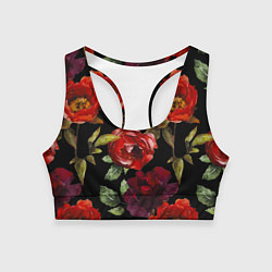 Топик спортивный женский Цветы Нарисованные Розы На Чёрном Фоне, цвет: 3D-принт