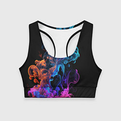 Топик спортивный женский Неоновый цветной дым на черном фоне, цвет: 3D-принт