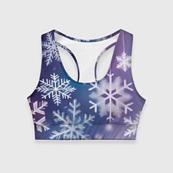 Женский спортивный топ Снежинки на фиолетово-синем фоне