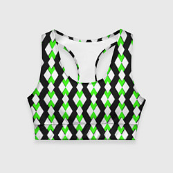 Топик спортивный женский Зелёные и белые ромбы на чёрном фоне, цвет: 3D-принт