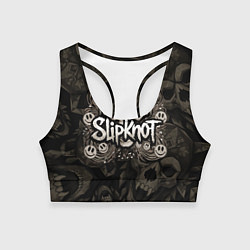 Женский спортивный топ Slipknot на фоне черепа в очках и наушниках