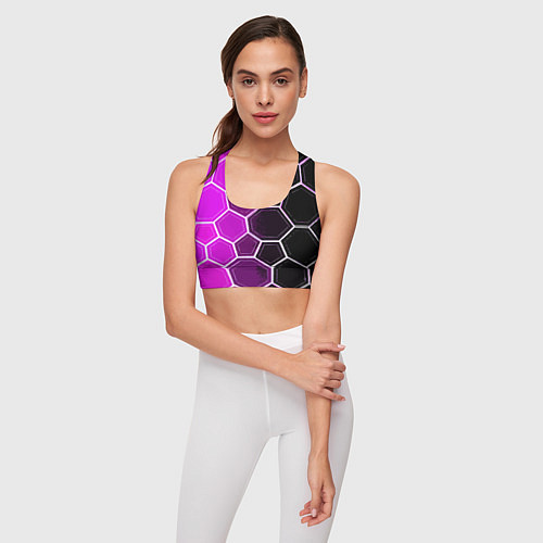 Женский спортивный топ Белые шестиугольники на чёрно-фиолетовом фоне / 3D-принт – фото 3