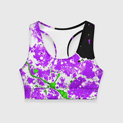 Женский спортивный топ Зелёно-фиолетовая абстракция на чёрном фоне
