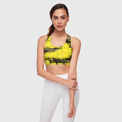 Женский спортивный топ Чёрно-жёлтый техно-паттерн / 3D-принт – фото 3