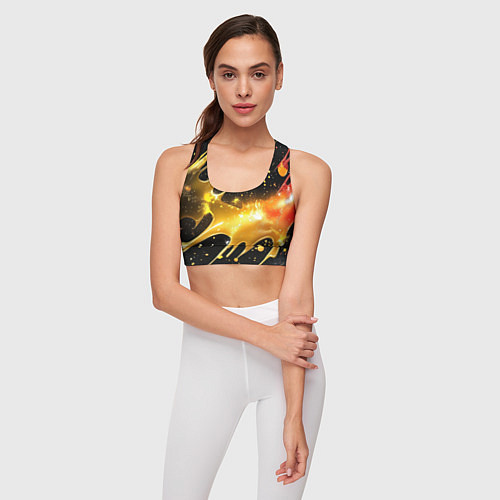 Женский спортивный топ Оранжевая краска на черном / 3D-принт – фото 3
