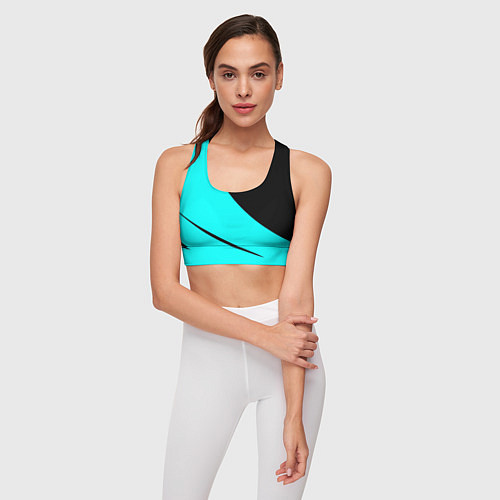 Женский спортивный топ Чёрный и неоновый голубой двуцветный с полосой / 3D-принт – фото 3