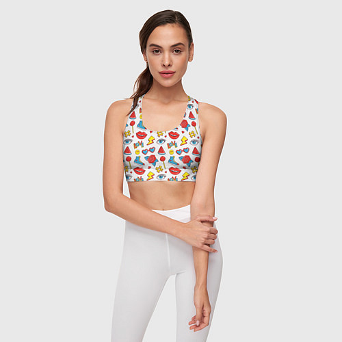 Женский спортивный топ Паттерн с яркими молодежными стикерами / 3D-принт – фото 3