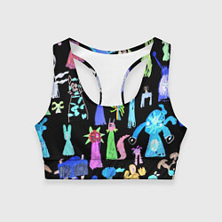 Топик спортивный женский Яркие монстры на черном фоне, цвет: 3D-принт
