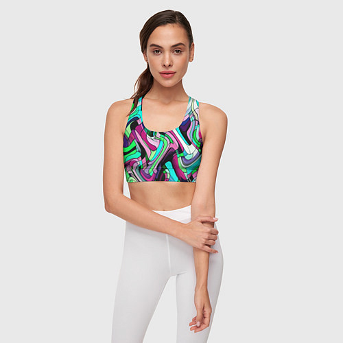 Женский спортивный топ Зелёно-розовый искажённая абстракция / 3D-принт – фото 3