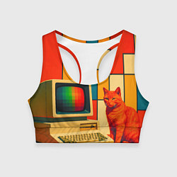 Топик спортивный женский Кот и винтажный компьютер ретрофутуризм поп-арт 19, цвет: 3D-принт