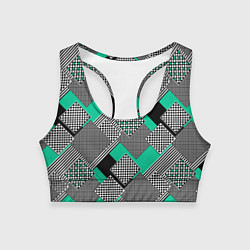 Топик спортивный женский Черно бирюзовая абстрактная геометрия пэчворк, цвет: 3D-принт