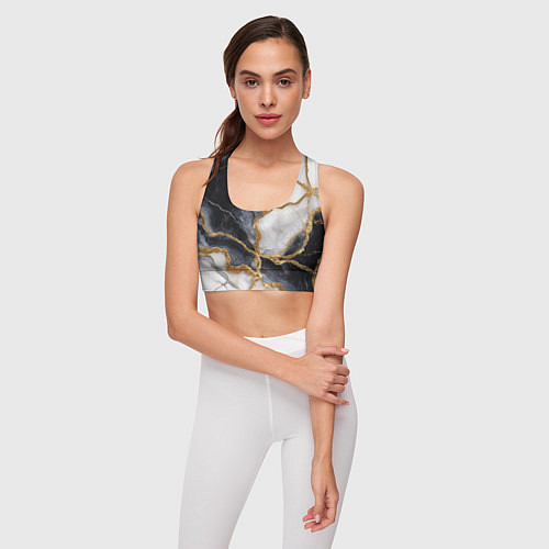 Женский спортивный топ Мрамор белый и черный с золотом / 3D-принт – фото 3