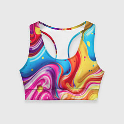 Топик спортивный женский Смесь красно-жёлто-голубых масляных красок абстрак, цвет: 3D-принт