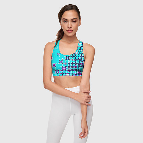 Женский спортивный топ Геометрическая метаморфоза на бирюзе / 3D-принт – фото 3