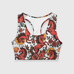 Топик спортивный женский Красный конь в стиле татуировки, цвет: 3D-принт