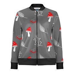 Олимпийка женская Грибочки на сером фоне, паттерн, цвет: 3D-черный