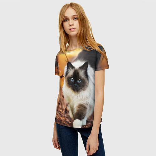 Женская футболка Котик в листьях / 3D-принт – фото 3