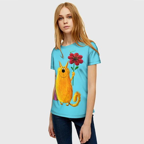 Женская футболка Кот с цветком / 3D-принт – фото 3