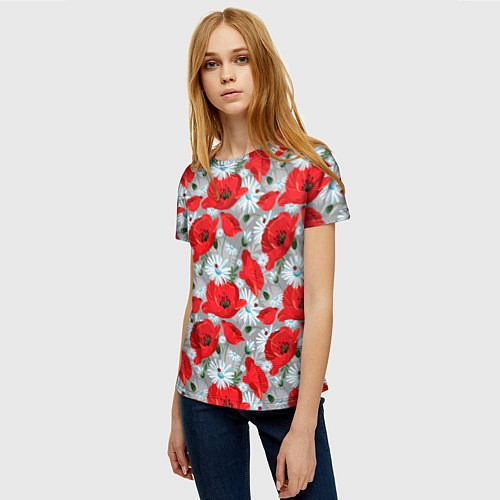 Женская футболка Цветущие маки / 3D-принт – фото 3