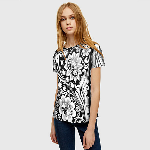 Женская футболка Хохлома черно-белая / 3D-принт – фото 3