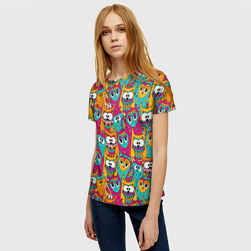 Женская футболка Совы разноцветные / 3D-принт – фото 3