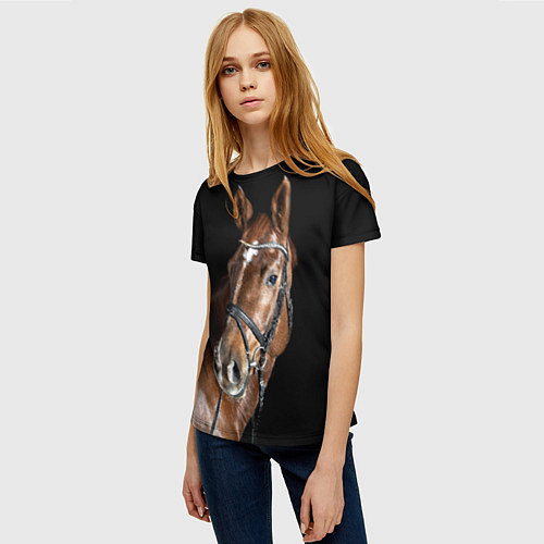Женская футболка Гнедая лошадь в збруе / 3D-принт – фото 3