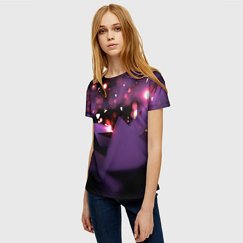 Женская футболка Фиолетовая абстракция с блестками / 3D-принт – фото 3