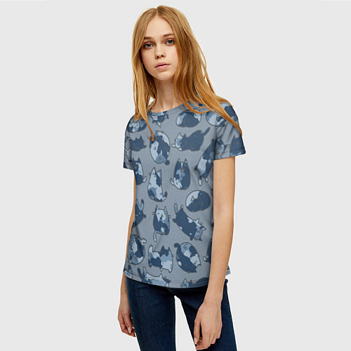 Женская футболка Камуфляж с котиками серо-голубой / 3D-принт – фото 3