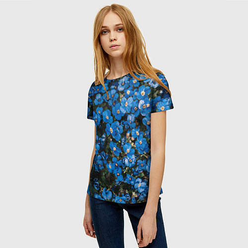 Женская футболка Поле синих цветов фиалки лето / 3D-принт – фото 3