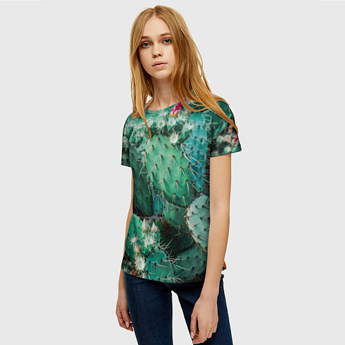 Женская футболка Кактусы с цветами реализм / 3D-принт – фото 3