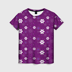 Футболка женская Узор цветы на фиолетовом фоне, цвет: 3D-принт