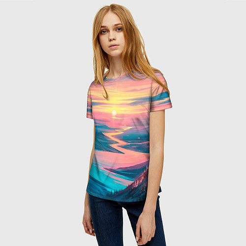 Женская футболка Извилистая река закат природа / 3D-принт – фото 3