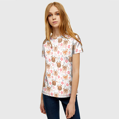 Женская футболка Оленята и цветы / 3D-принт – фото 3