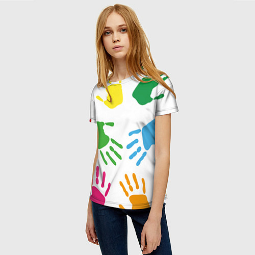 Женская футболка Цветные ладошки - Детский узор / 3D-принт – фото 3