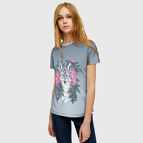 Женская футболка Тотем волка и цветы / 3D-принт – фото 3